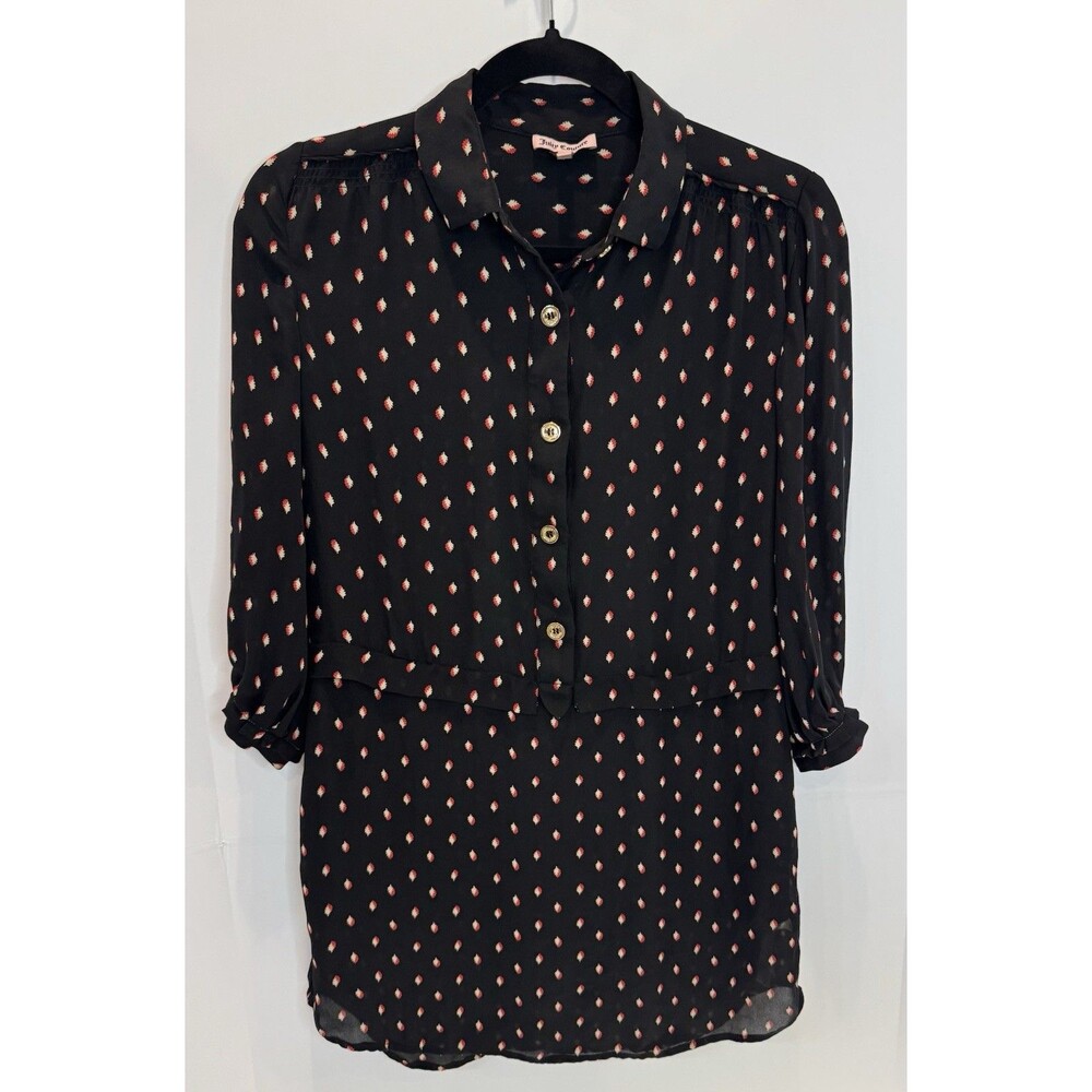 Juicy Couture Women's XS Black Silk Shirt Dress Tunic Leaf Print Button Front